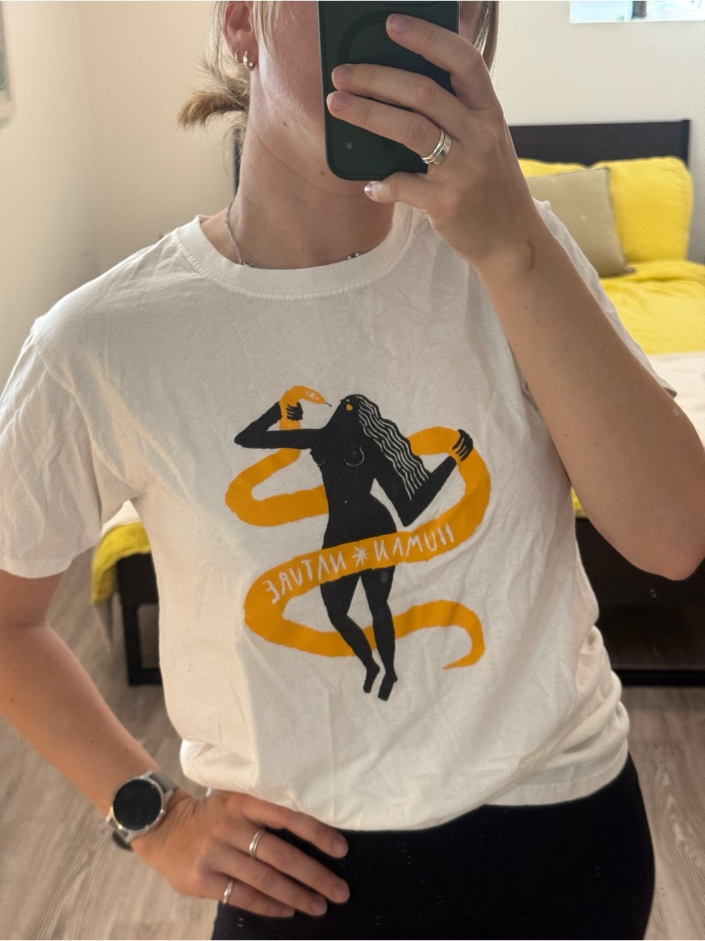 White Short Sleeve Tee with Black & Yellow Goddess / Snake Graphic